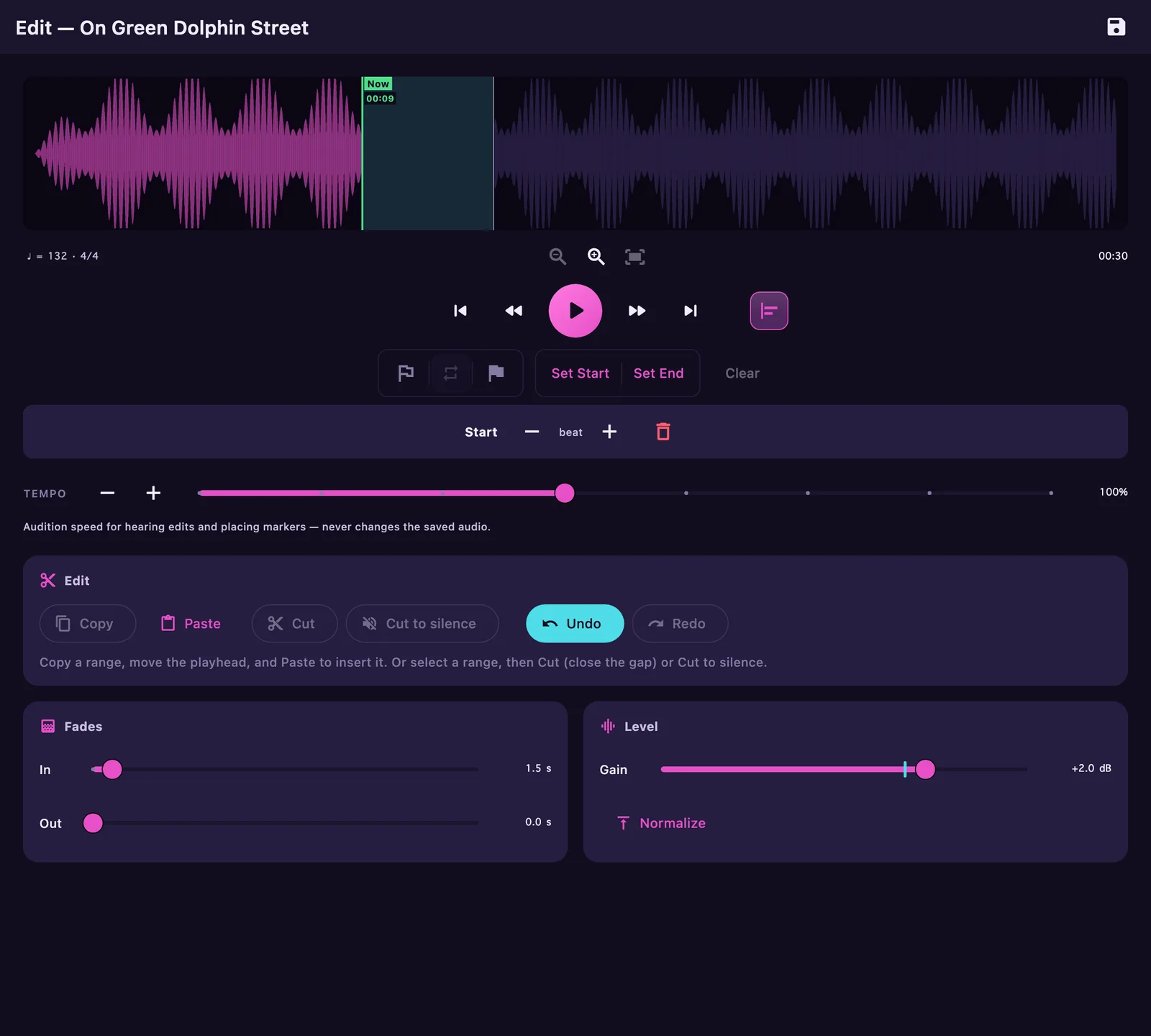 The Track Editor mid-session: a span cut to silence with seam markers, the chord lane above the transport, an armed Undo, a 1.5 second fade-in and a plus 2 dB gain trim with one-tap Normalize.