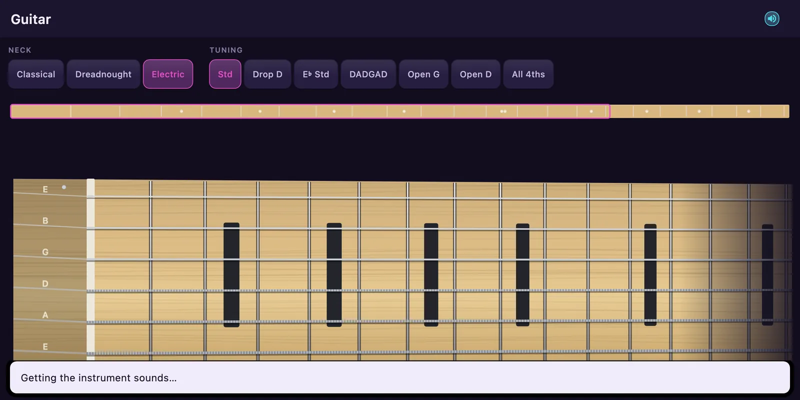 The same neck dressed as an electric: a maple board with black block inlays, three notes lit in a row along one string as a line runs up it.