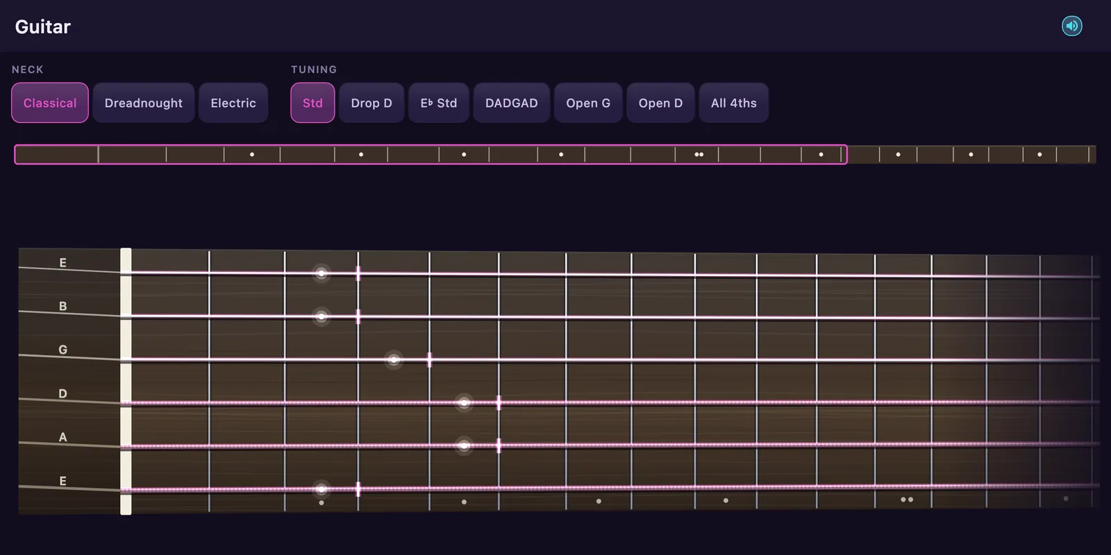 The playable guitar mid-strum: a twenty-two fret classical neck with its six strings named E, B, G, D, A and E down the nut, a grip of six notes lit across the third and fifth frets with those strings still vibrating, a bench of neck and tuning keycaps above it, and a rail showing which stretch of the neck is on screen.