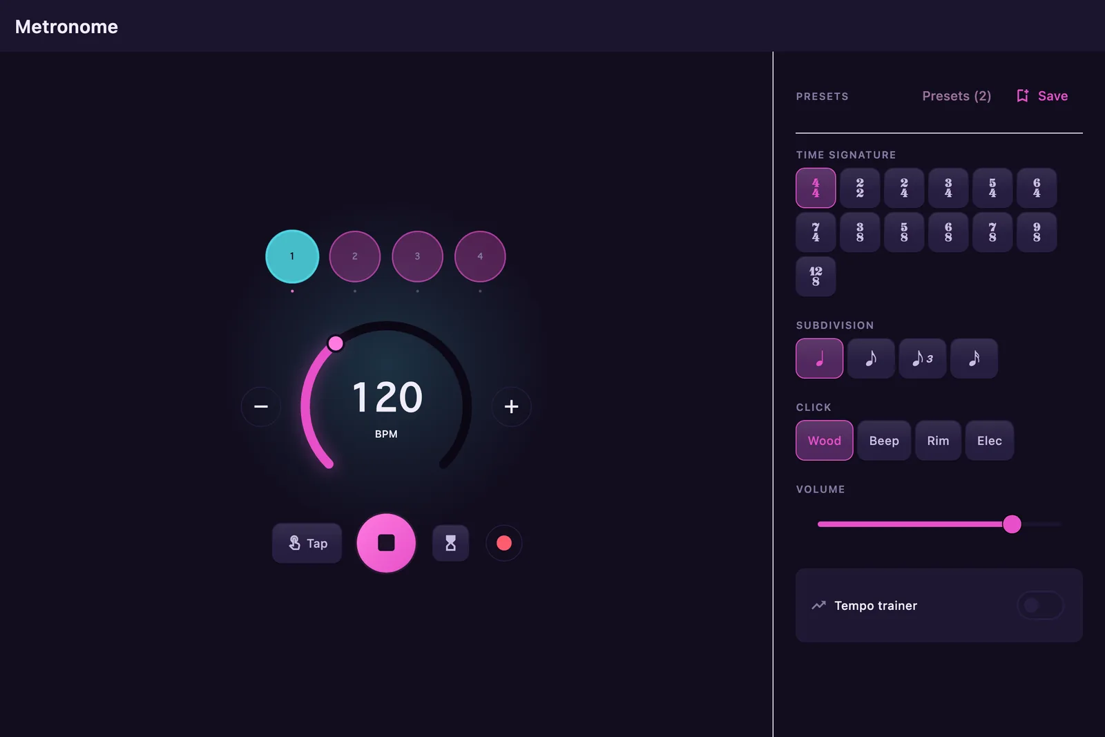 The metronome running at 120 BPM: the downbeat blooming orange across a four-beat row, a large tempo dial, and a bench of time signatures, subdivisions, click voices, and presets.