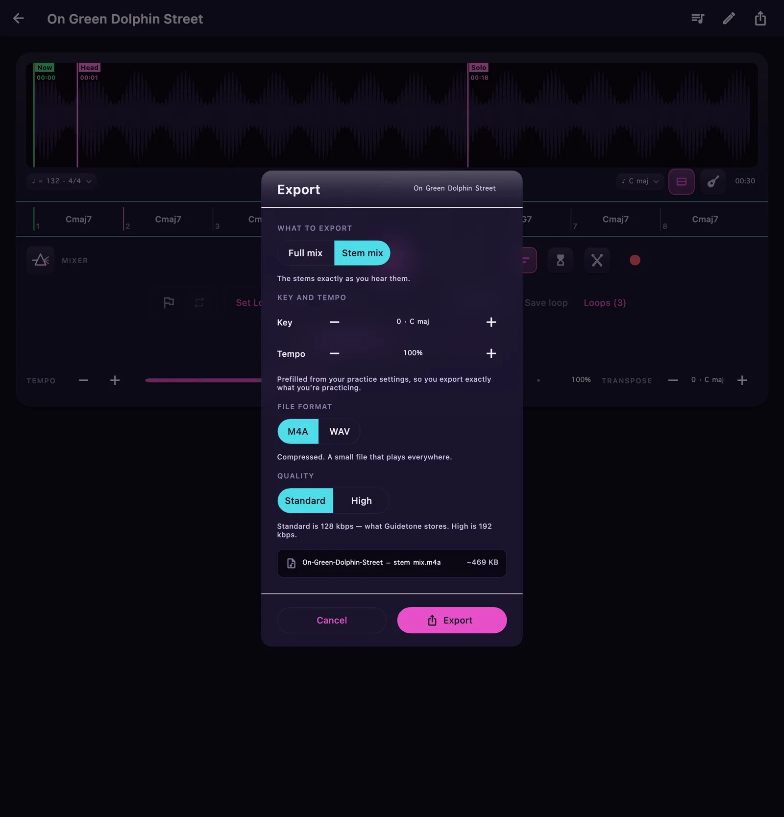 The instant backing track: the Export card open on Stem mix with the Vocals fader behind it at zero, its key and tempo prefilled from the practice settings, and rows for file format and quality.