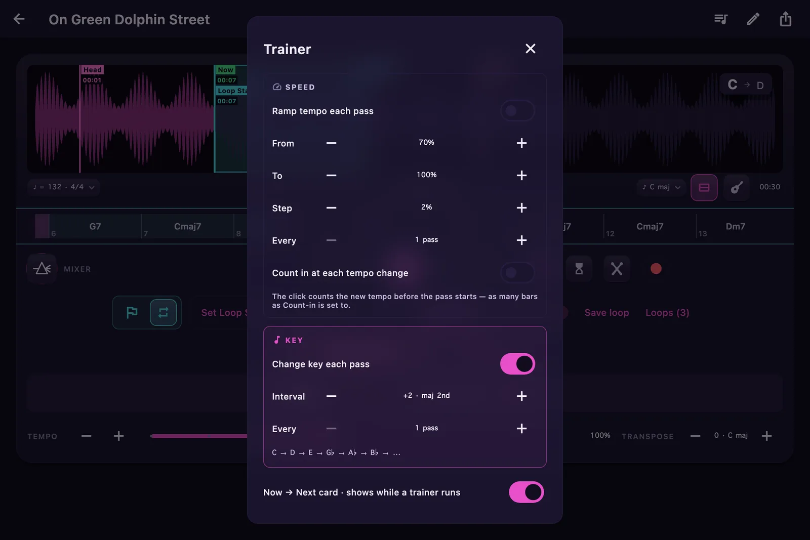 The Trainer hub: a Speed section with From, To, Step and Every steppers, and an armed Key section set to an interval of a major 2nd every pass, with the path preview C, D, E onward.
