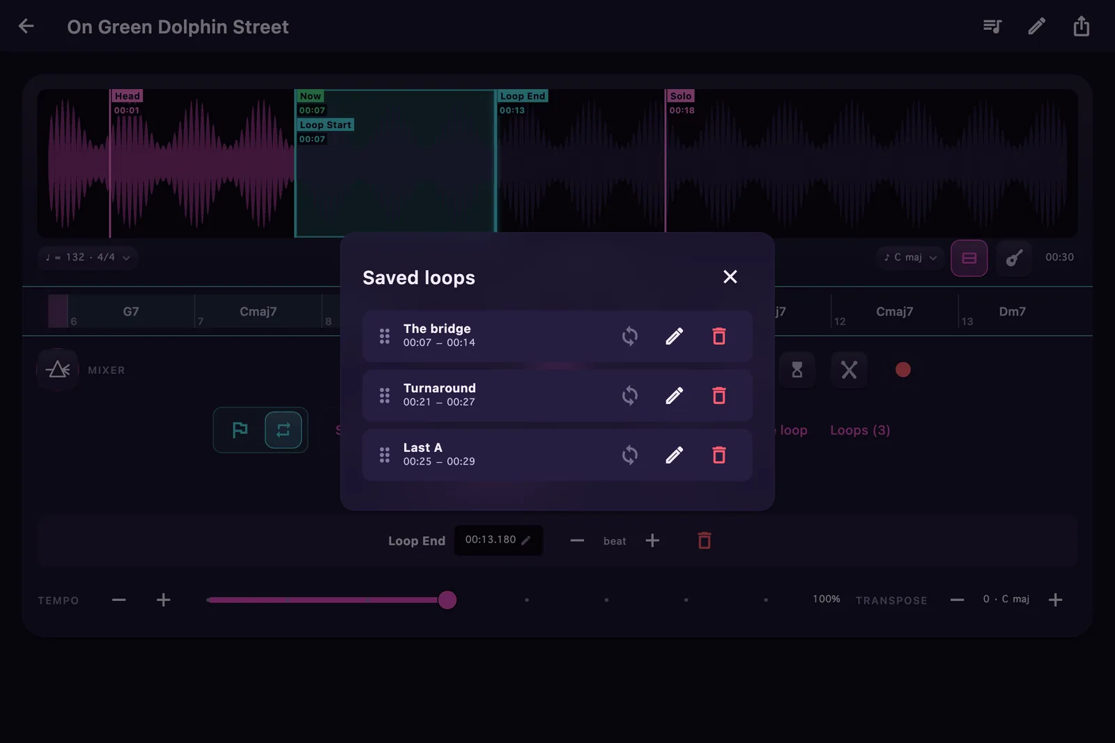 The Saved loops panel listing The bridge, Turnaround, and Last A with their time ranges — tap to load, drag to reorder.