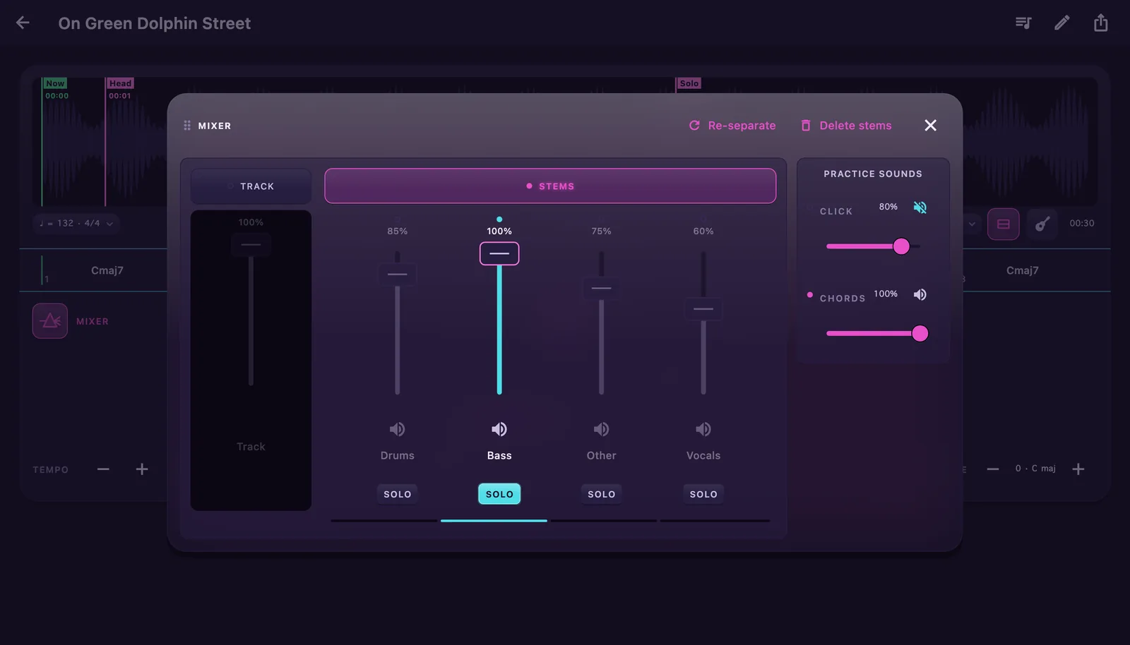 The Mixer desk open over the track it is mixing: the TRACK and STEMS power keys, four stem strips — Drums, Bass, Other, Vocals — with the Bass solo lit, the practice-sounds rack, and the MAIN fader.