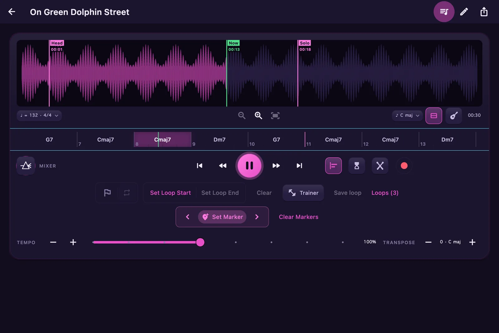 GuideTone Player in the After Hours theme: a magenta waveform mid-playback on a violet-black ground, with named section markers Head and Solo, a bar-numbered chord lane underneath, and the full transport.