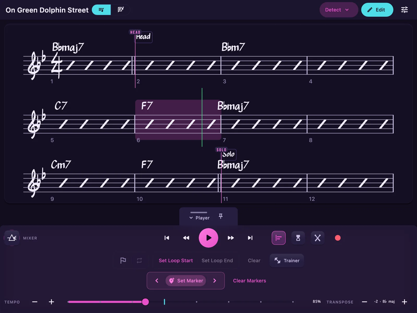 The Chart transposed down two half steps: the entire chart re-engraved in B flat — key signature, every chord symbol — with the playback row reading 85 percent and minus 2.