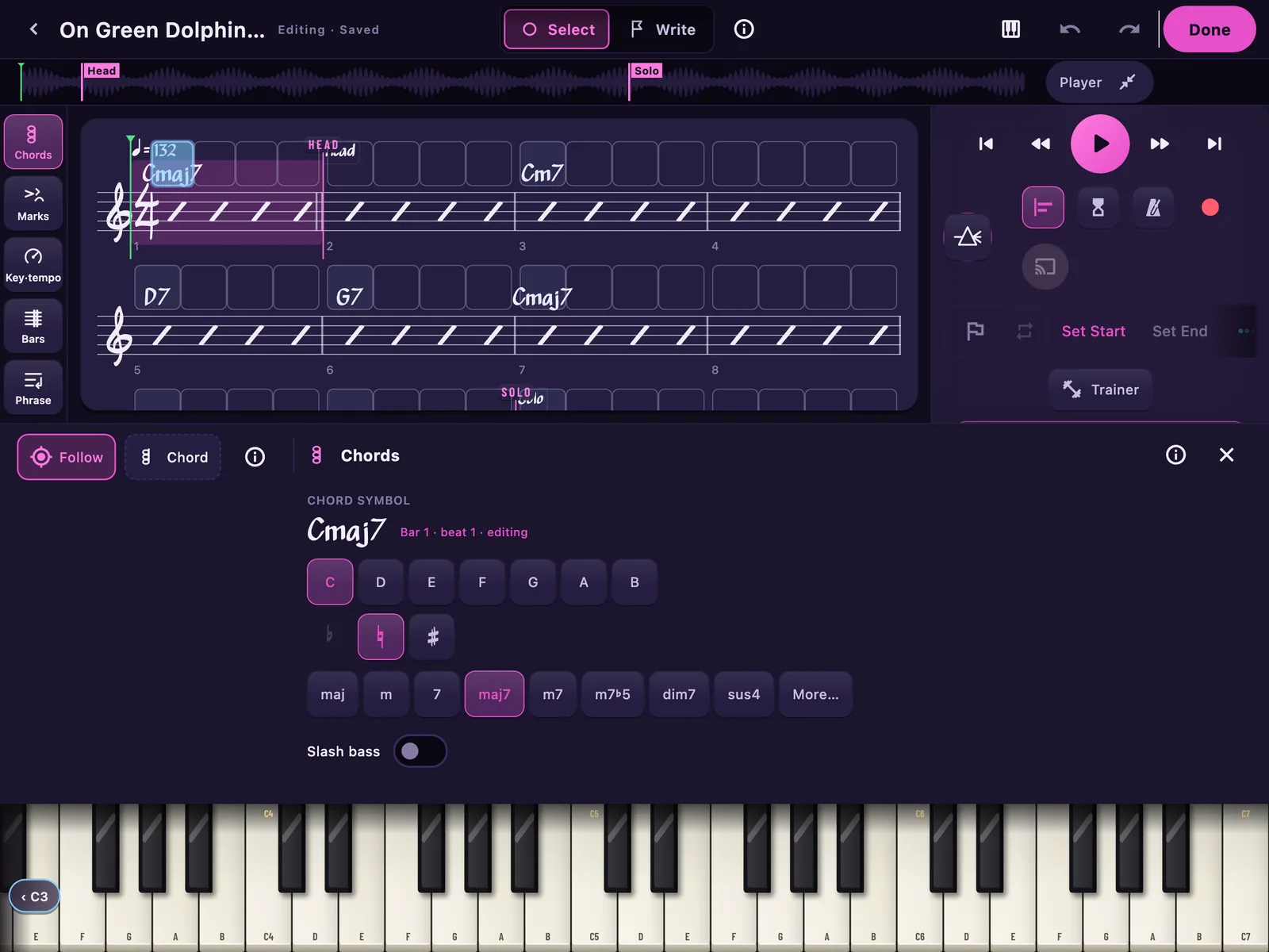 The Transcription Editor over a song: the recording's waveform across the top with its Head and Solo markers, Cmaj7 selected on the staff's chord boxes, the Chords palette open below it with C, natural and maj7 lit, and the piano along the bottom.