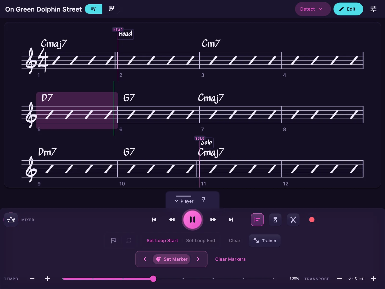 The Chart mid-playback: a jazz-engraved chart with rhythm slashes, the current bar highlighted, the beat cursor inside it, and Head and Solo markers pinned to the staff.