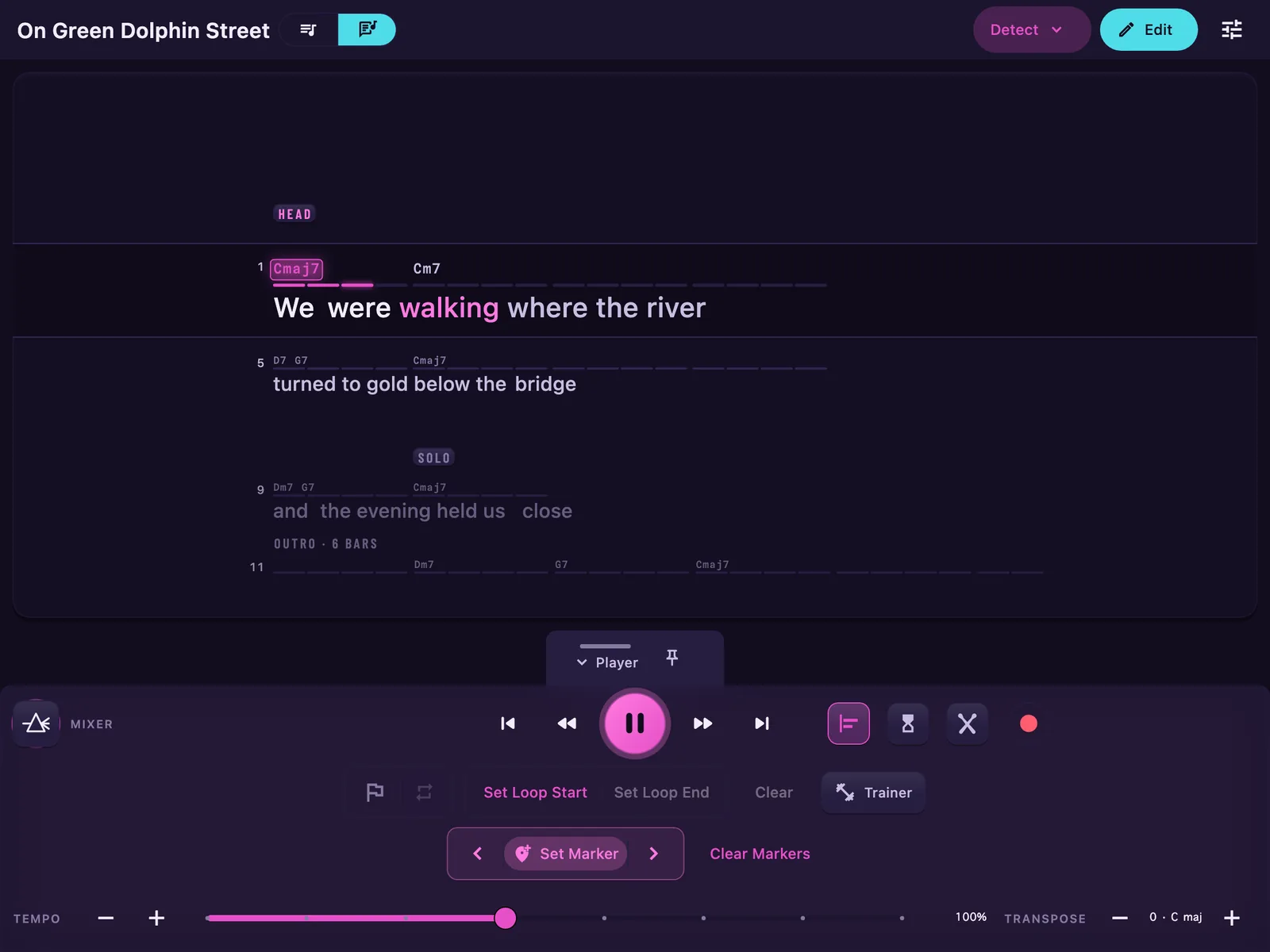 The Karaoke page of the same screen: the line being sung lit word by word, the chords sitting in time on a beat ladder above the words, bar numbers down the left margin, and Head, Solo and Outro markers between the lines.