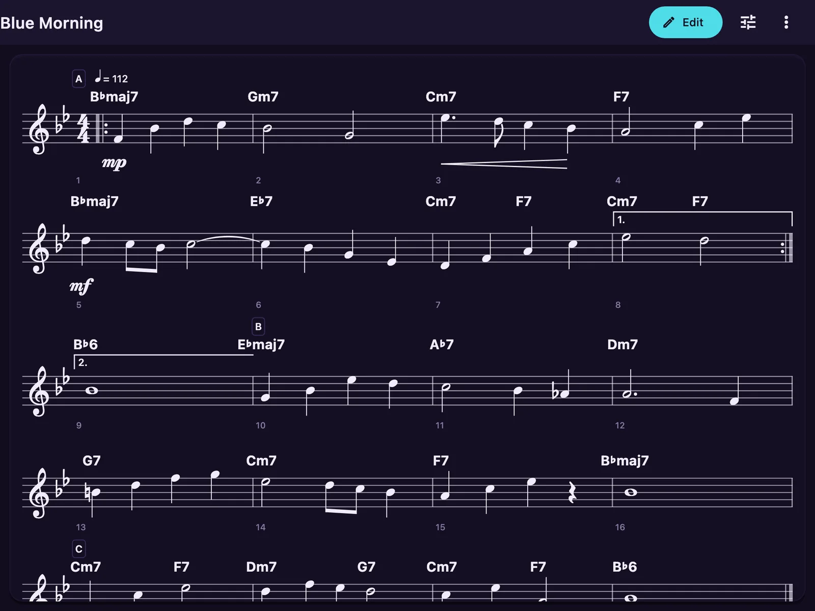 An opened MusicXML lead sheet in B flat: the title, rehearsal marks A, B and C, a tempo of 112, chord symbols over every bar, dynamics and a hairpin, and a repeat with first and second endings, with an Edit button at the top right.