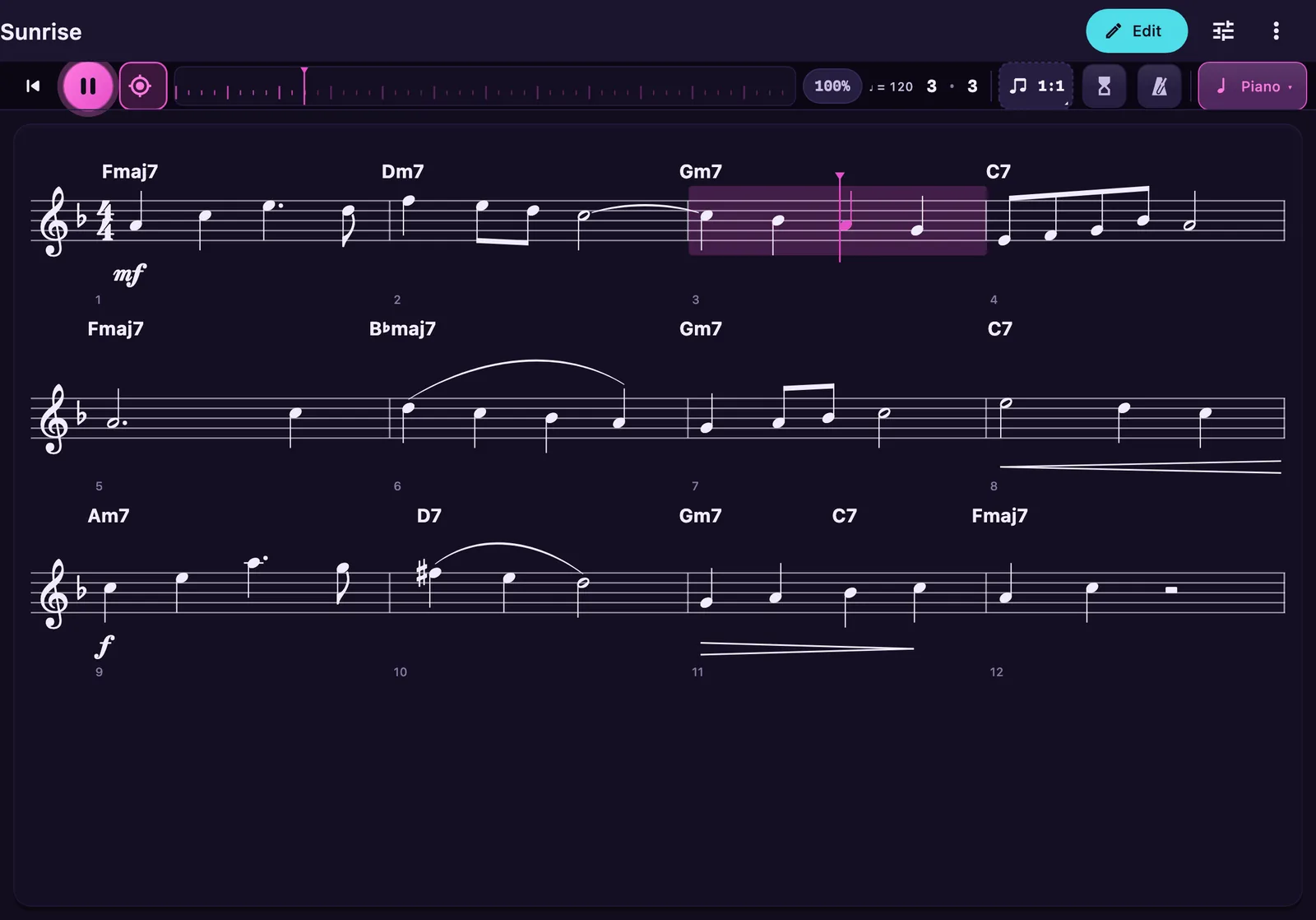 The Composer playing the score Sunrise while reading it: the transport strip across the top with pause, the bars of the form, 100% speed, quarter note 120 at bar 3 beat 3, count-in, click and the Piano sound; a pink line stands on bar 3 of the staff with the sounding note lit and the bar softly highlighted.