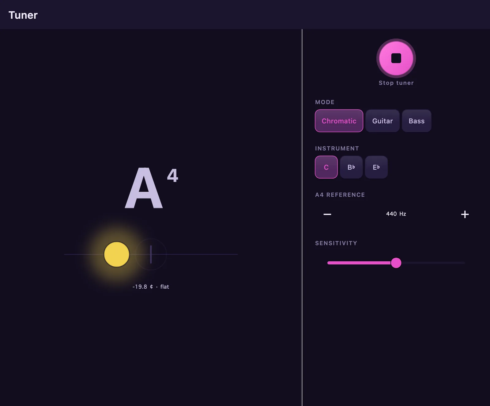 The tuner reading 19.8 cents flat: the pitch orb sitting amber to the left of the target ring.