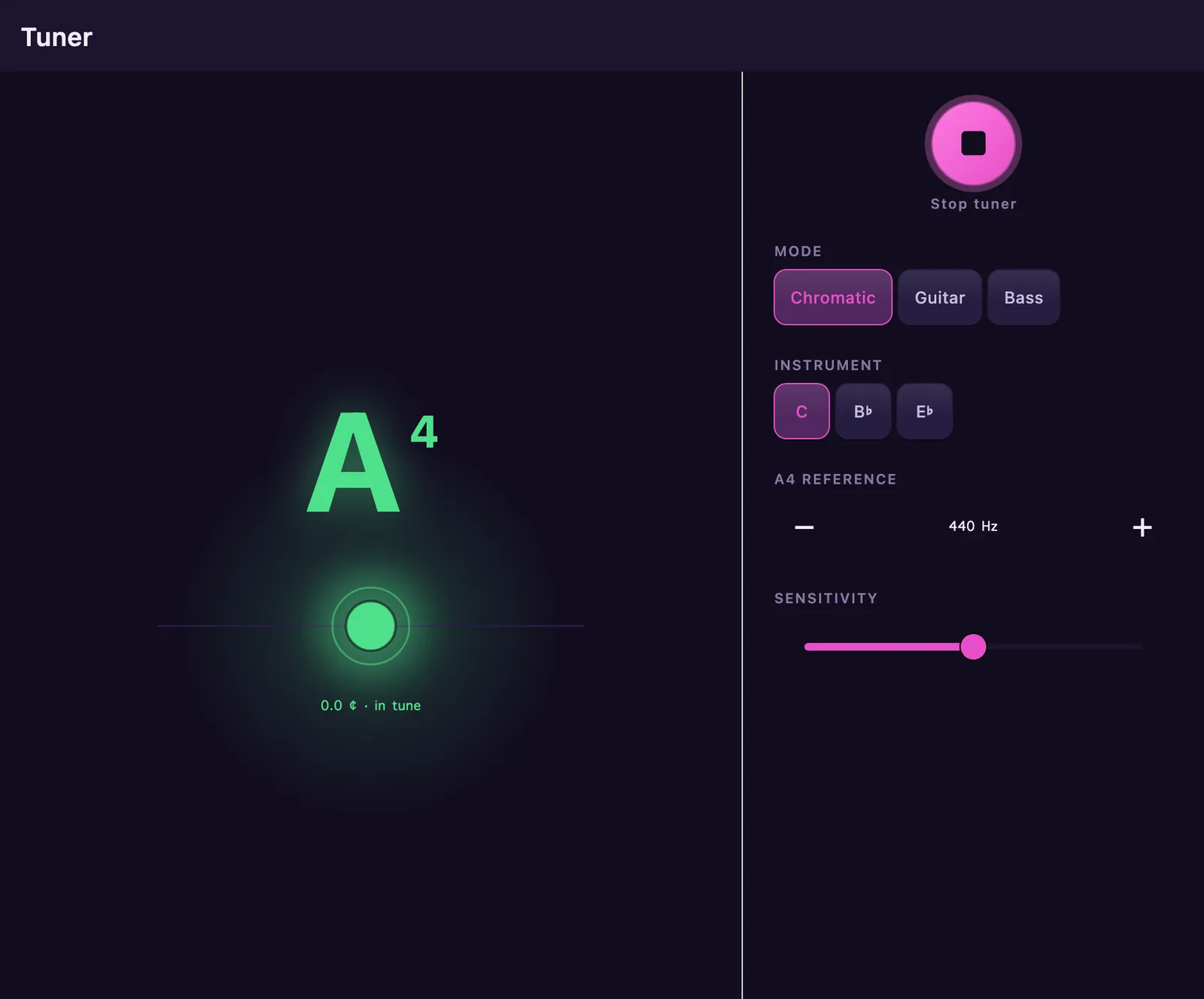 The tuner locked on A4: the note glowing green, the readout at 0.0 cents in tune, with a mode row for chromatic, guitar and bass, transposition keycaps for C, B flat and E flat, the A4 reference at 440 Hz and a sensitivity slider.